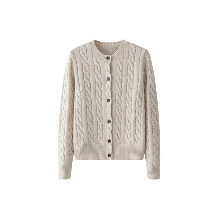 Ladies Cozy Cable Knit Cardigan with V-Neck and Wooden Buttons Mune Fashion