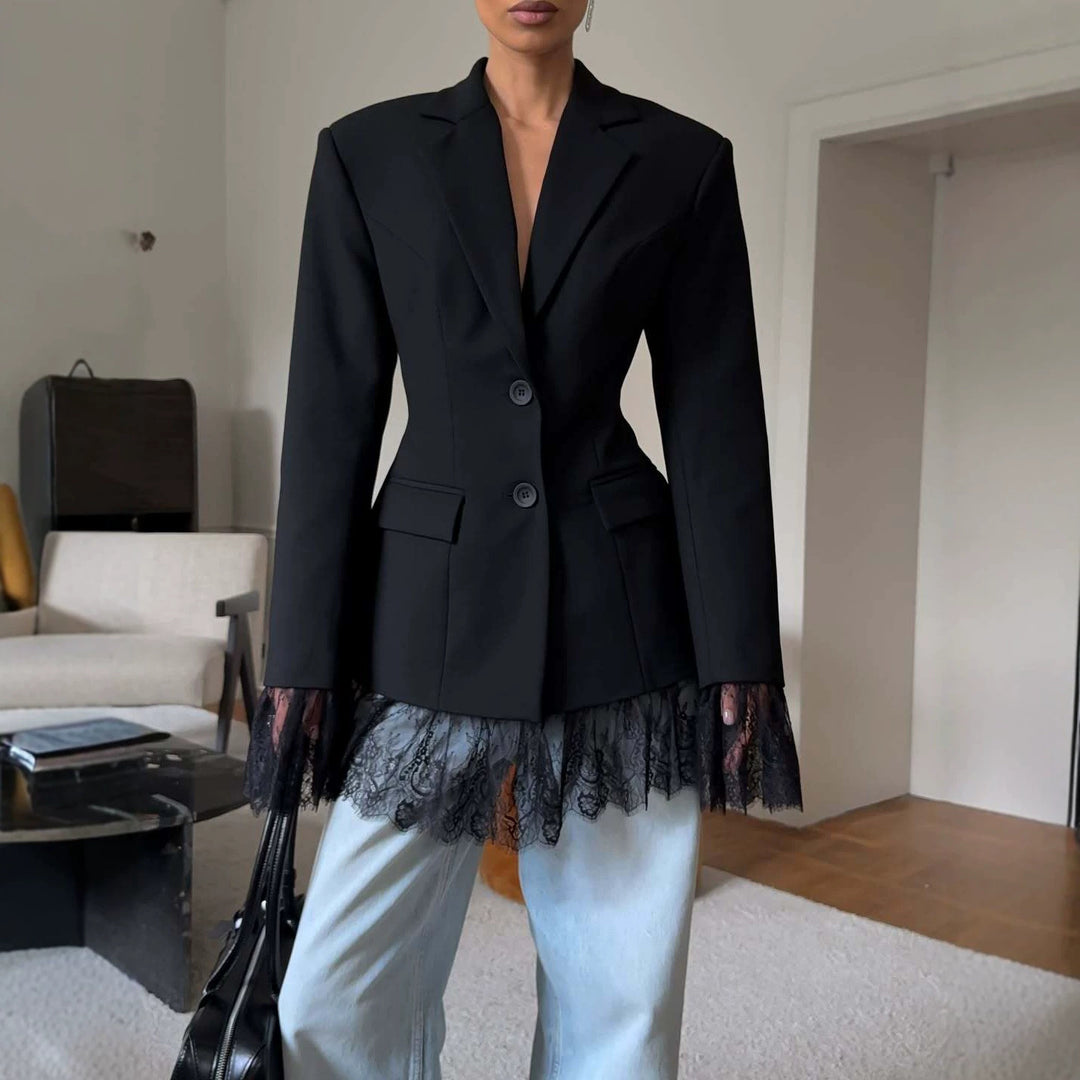 Women's Tailored Blazer with Lace Trim at Hem and Cuffs Mune Fashion