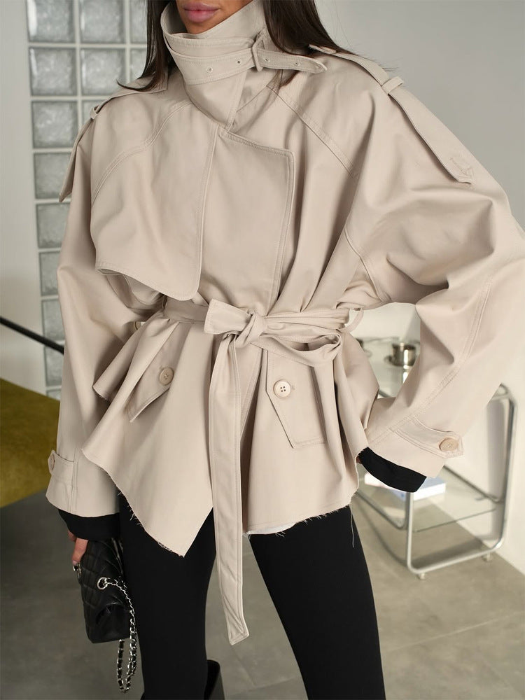 Women's short trench coat with wide standing collar, shoulder epaulettes, and waist belt Mune Fashion