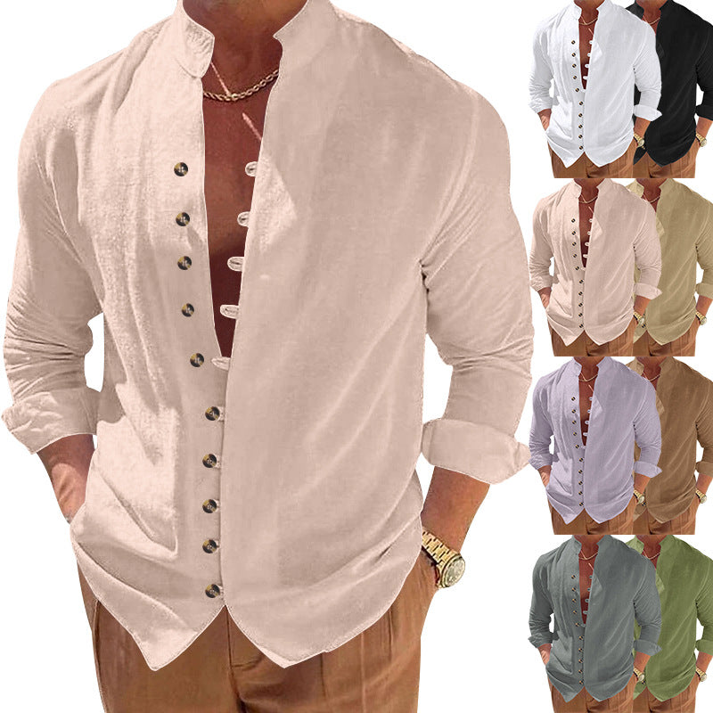 Men's long-sleeved stand-collar shirt made from a lightweight linen-viscose blend with asymmetric decorative button placket Mune Fashion