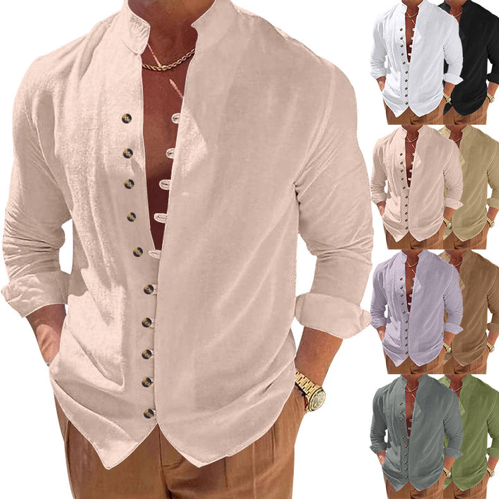 Men's long-sleeved stand-collar shirt made from a lightweight linen-viscose blend with asymmetric decorative button placket Mune Fashion