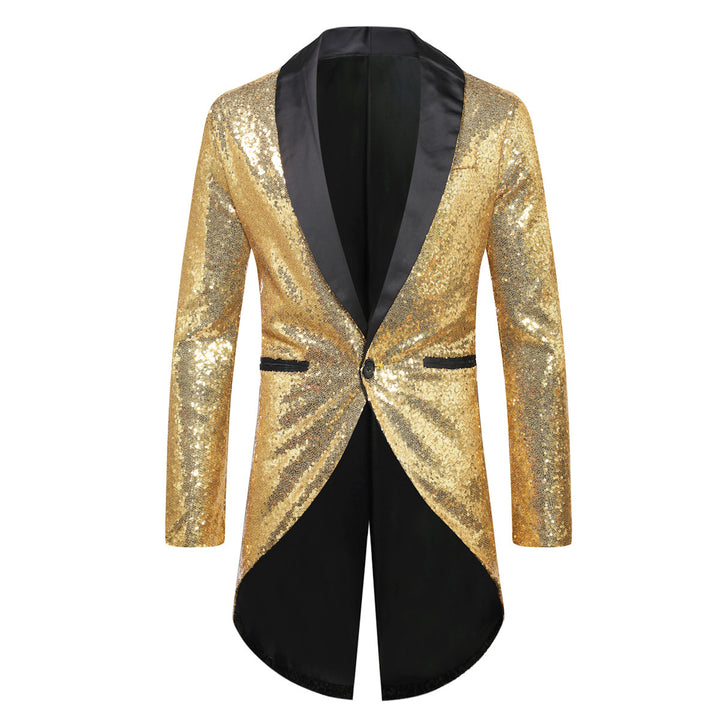 Men's sequin tuxedo jacket with shawl collar satin trim and curved swallowtail Mune Fashion
