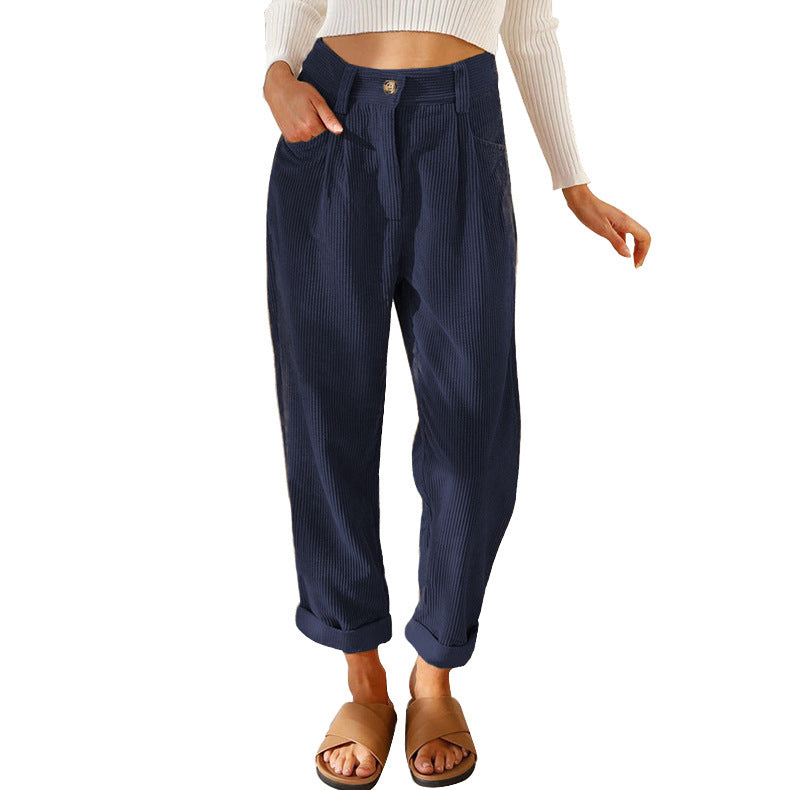 Women's Casual Corduroy Pants with High Waist, Loose Tapered Fit, and Cuffed Hem Mune Fashion