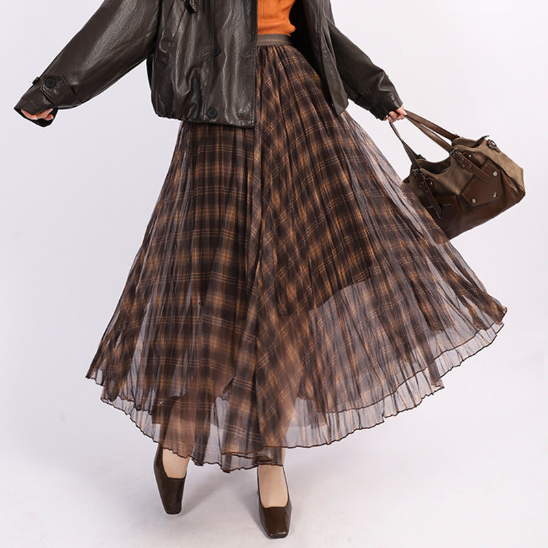 Women's pleated checked layered midi skirt with elasticated waistband and multi-layered chiffon structure Mune Fashion