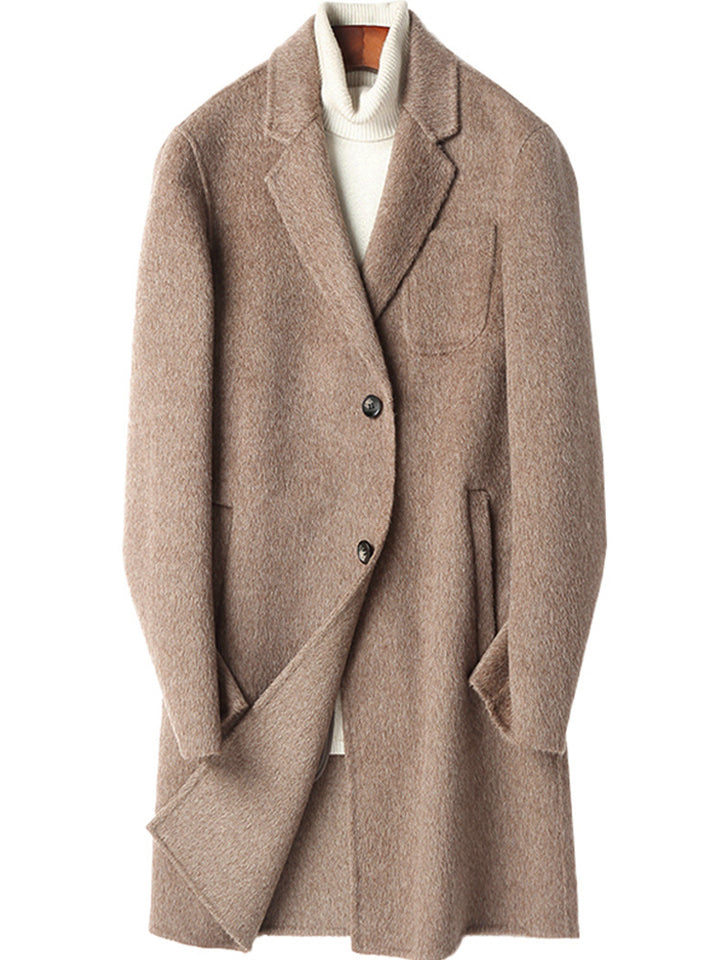 Men's Structured Long Coat made of Wool Blend with Notched Lapel and One-Button Closure Mune Fashion