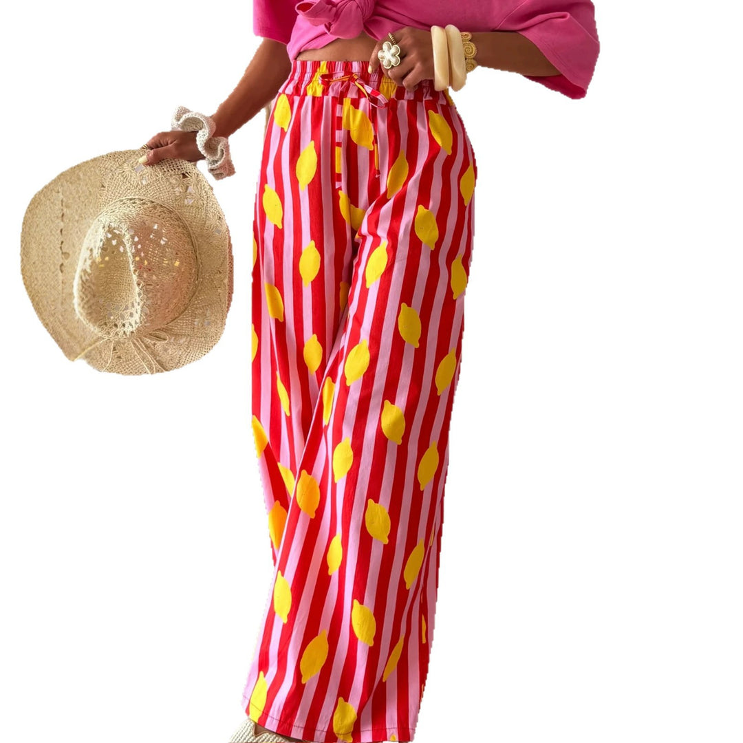 Women's Wide High-Waist Summer Pants with Elastic Waistband, Drawstring and Cheerful Lemon Print Mune Fashion