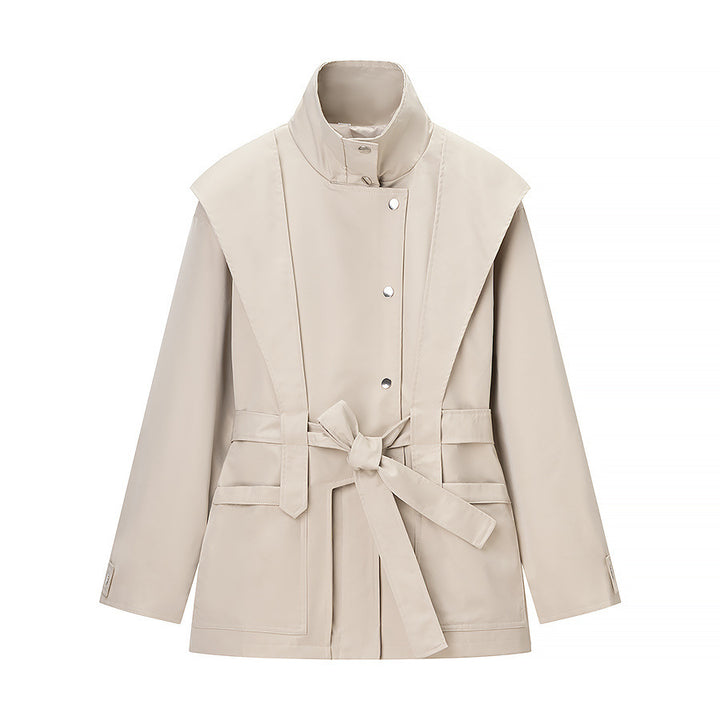 Ladies short trench coat with cape detail, stand-up collar and tie belt Mune Fashion