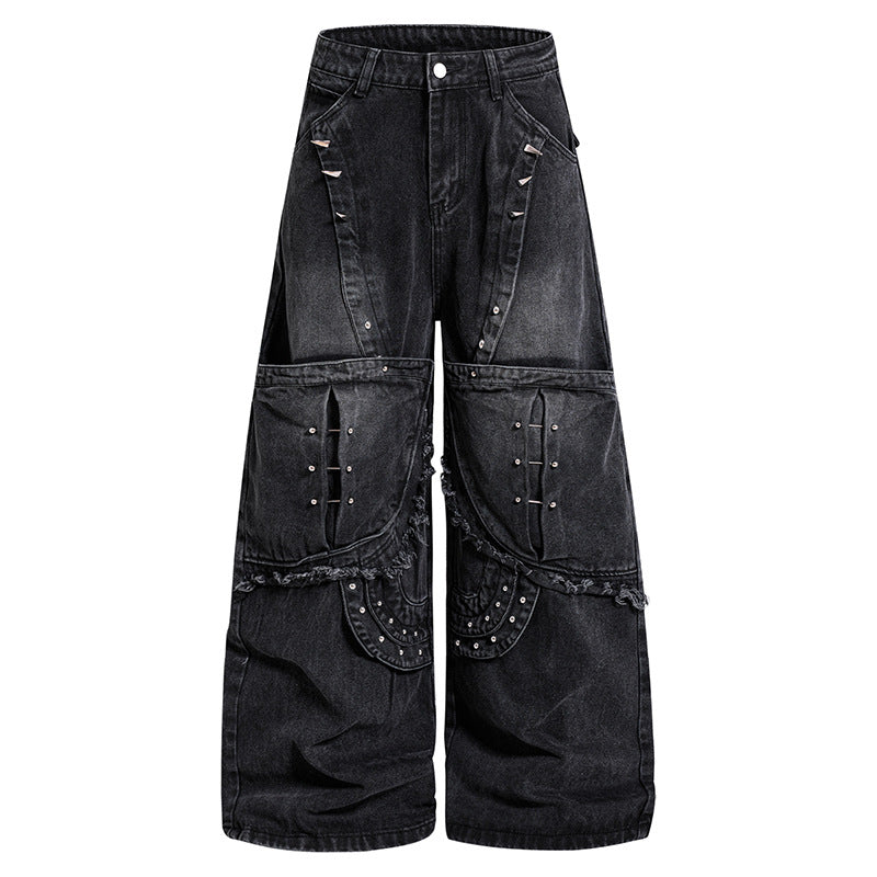 Women Wide High-Waist Denim Cargo Culotte with Rivets and Large Flap Pockets Mune Fashion