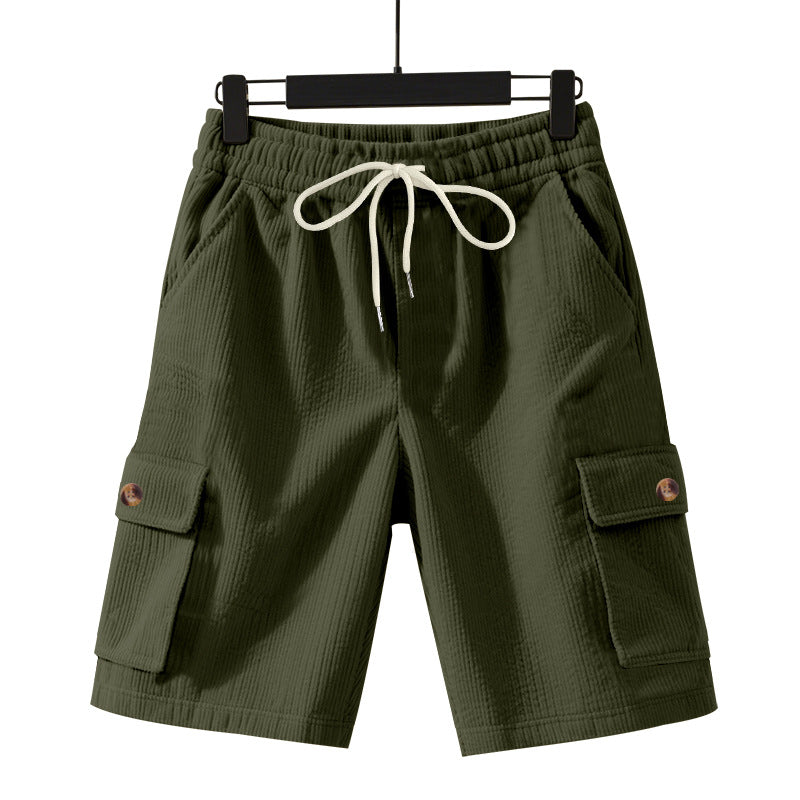 Men's cord cargo shorts with elastic drawstring waistband, patch cargo pockets, and soft cotton blend Mune Fashion