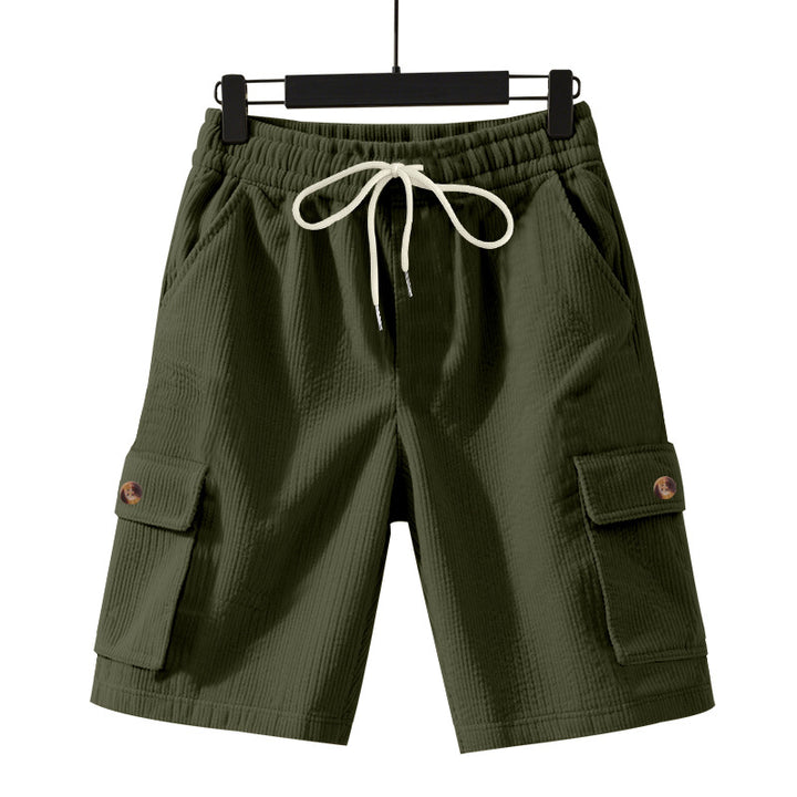 Men's cord cargo shorts with elastic drawstring waistband, patch cargo pockets, and soft cotton blend Mune Fashion