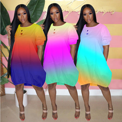 Women's Oversize Gradient Tunic Dress with Side Pockets and Round Neckline Mune Fashion