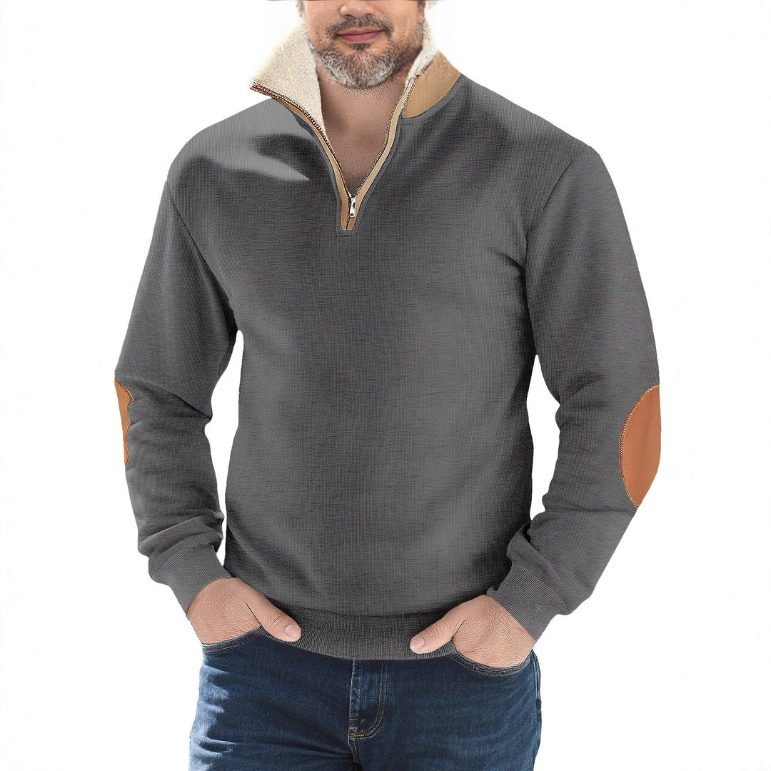 Men's structured knit half-zip pullover with warming sherpa collar and velour elbow patches Mune Fashion