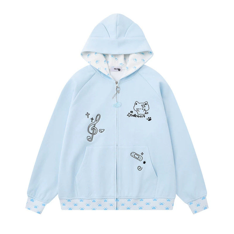 Women's hoodie with zipper in casual kawaii style, contrast hood, comic prints and ribbed cuffs Mune Fashion