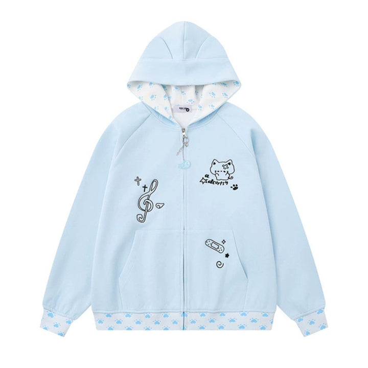 Women's hoodie with zipper in casual kawaii style, contrast hood, comic prints and ribbed cuffs Mune Fashion
