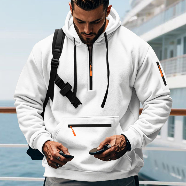 Men's nan technical half-zip outdoor hoodie with concealed kangaroo pocket, zippered arm pocket, and integrated cable channel Mune Fashion