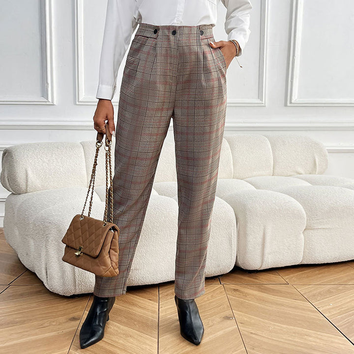 Women's Checkered High-Waisted Pleated Trousers with Straight Leg Mune Fashion