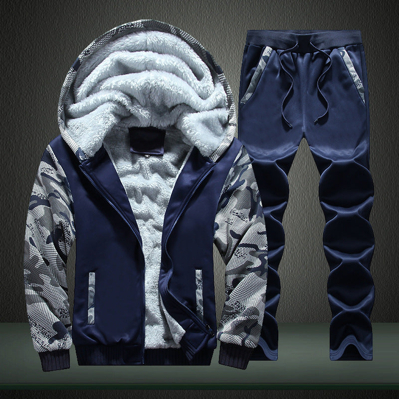 Men's Fleece Lined Casual Training Suit Set with Hooded Jacket and Camouflage Sleeves Mune Fashion