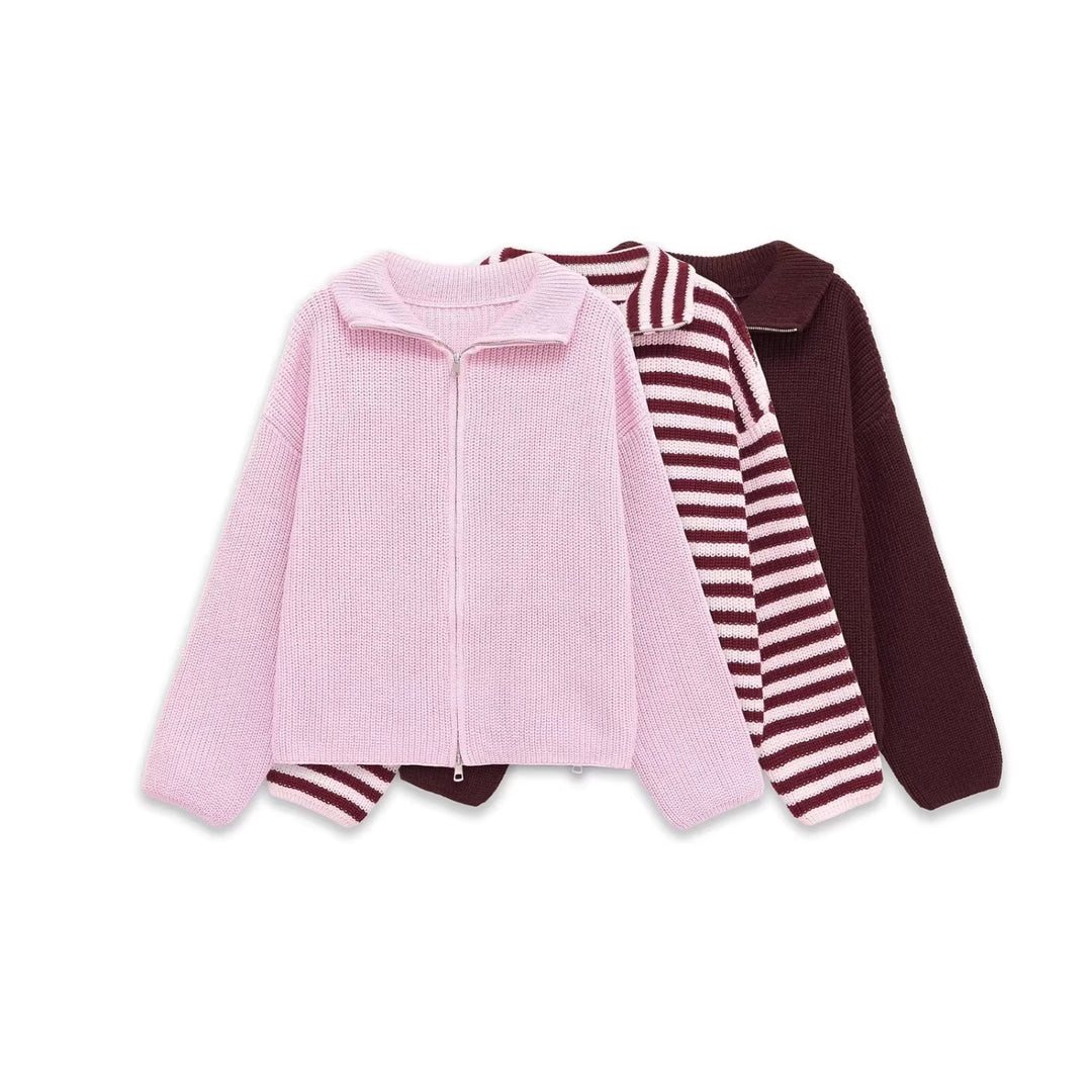 Women's Chunky Knit Zip Cardigan with Stand-up Collar and Oversized Silhouette Mune Fashion