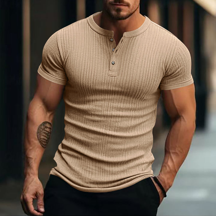 Men's fitted short sleeve Henley shirt with ribbed texture and short button placket Mune Fashion