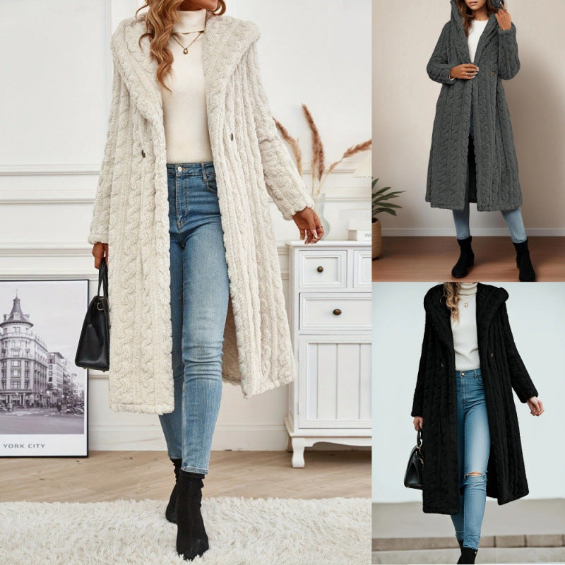 Women's Long Hooded Teddy Coat with Cable Knit Look Mune Fashion