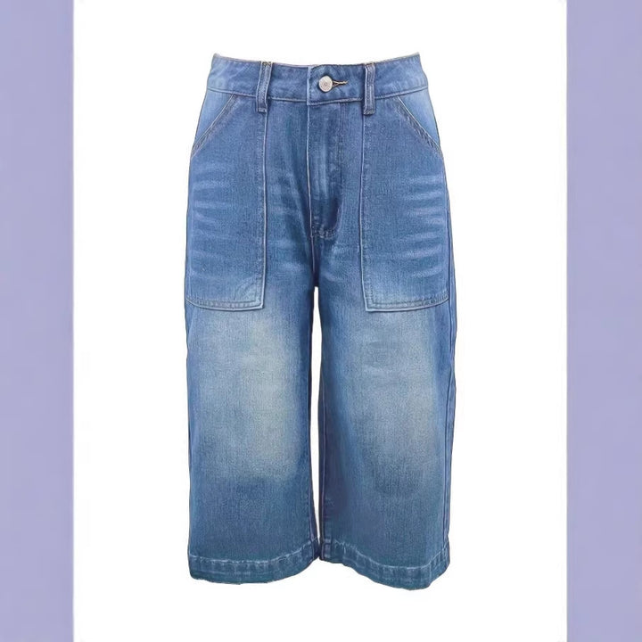 Ladies light vintage-inspired culotte jeans with visible seam panels and patch front pockets Mune Fashion