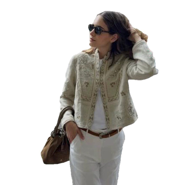 Women's short jacket made of linen blend with elaborate embroidery, stand collar, and tailored silhouette Mune Fashion