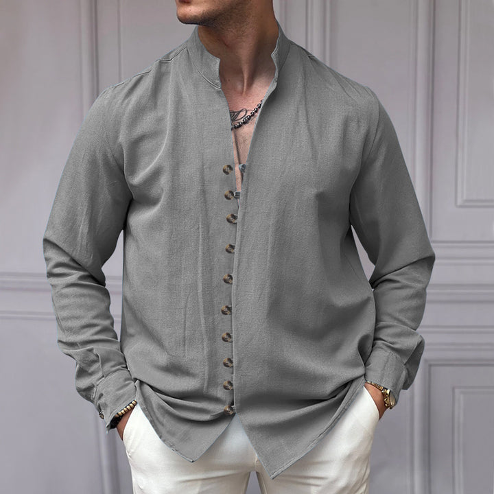 Men's elegant long-sleeve linen shirt with stand-up collar, asymmetrical button placket, and slim fit Mune Fashion