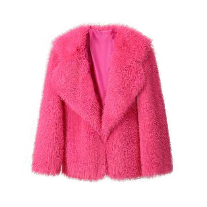 Ladies Luxurious Short Coat made of Long-Pile Faux Fur with Wide Shawl Collar Mune Fashion