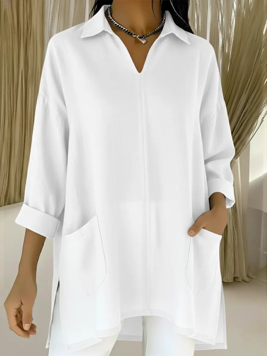 Women Oversized Tunic with Shirt Collar, V-Neck and Patch Pockets Mune Fashion
