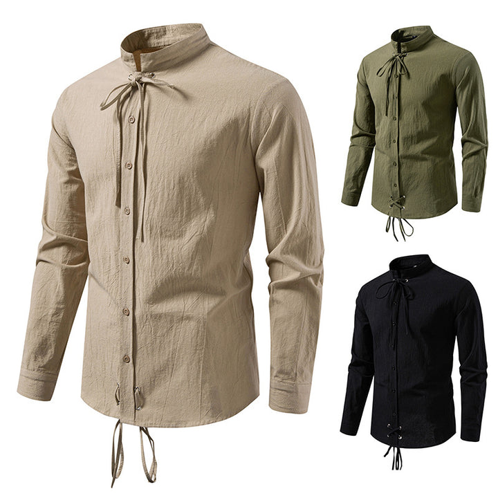Men's Tailored Long Sleeve Shirt with Stand-Up Collar and Decorative Lacing Mune Fashion