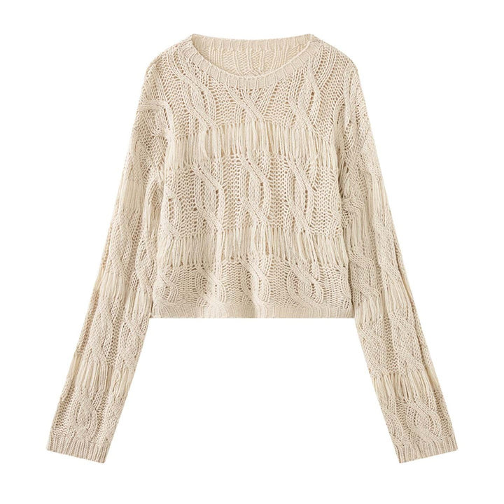 Women’s short oversized knitted sweater with openwork pattern and fringes