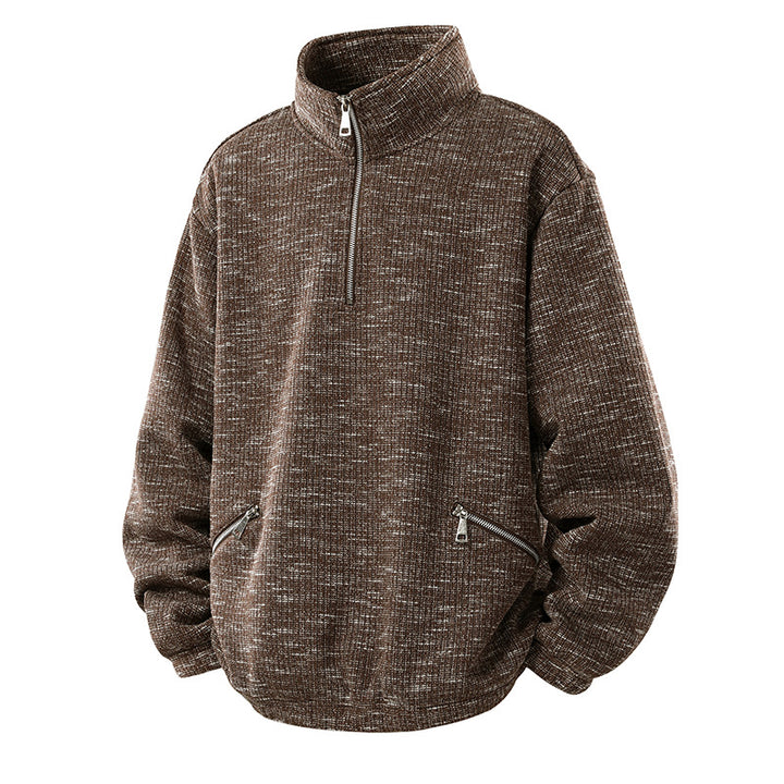 Men's Oversized Knit Look Half-Zip Sweater with Stand-Up Collar and Zip Pockets Mune Fashion