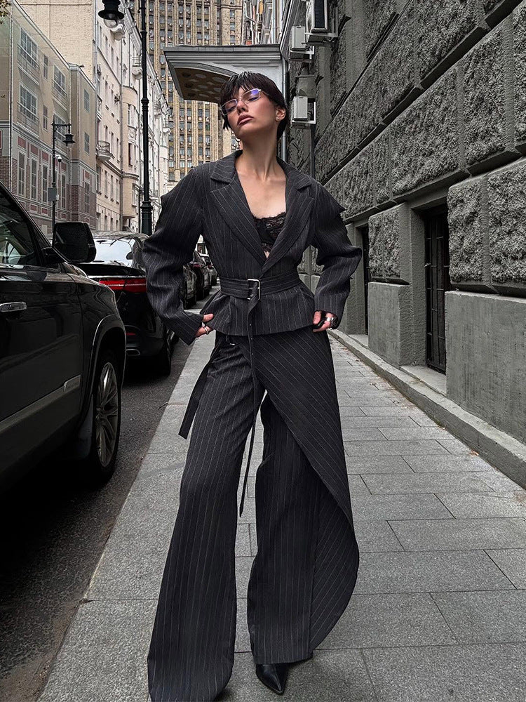 Women's Tailored Pinstriped Blazer with Shoulder-Emphasizing Balloon Sleeves and Waist Belt Mune Fashion