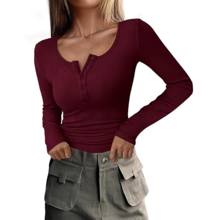 Women Long Sleeve Ribbed Shirt with Henley Button Placket and Tailored Fit Drune