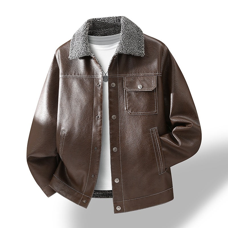 Men's Casual Faux Leather Jacket with Teddy Collar Mune Fashion