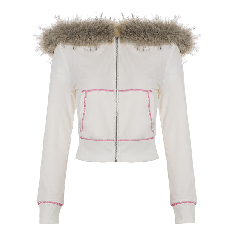 Women's short-cut hoodie with removable faux fur collar, full-length zipper and contrasting decorative seams Mune Fashion