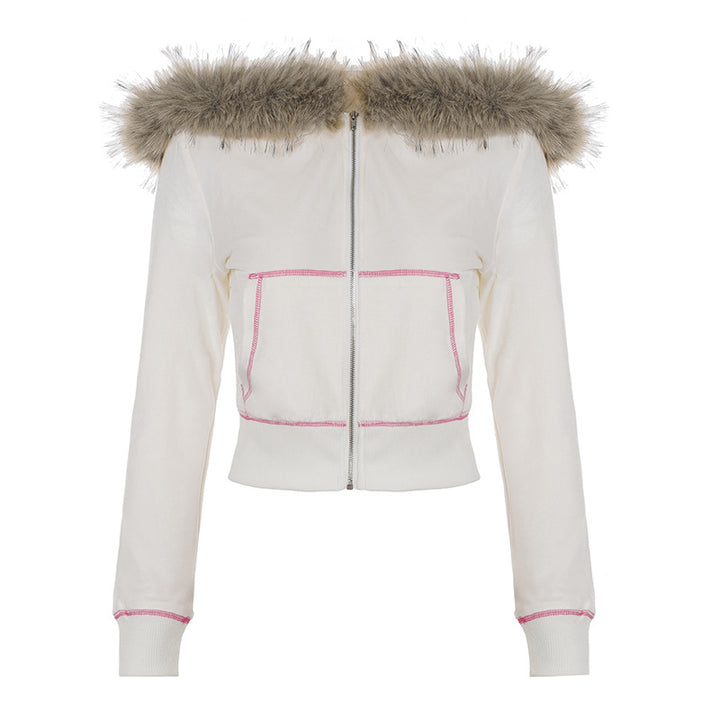 Women's short-cut hoodie with removable faux fur collar, full-length zipper and contrasting decorative seams Mune Fashion