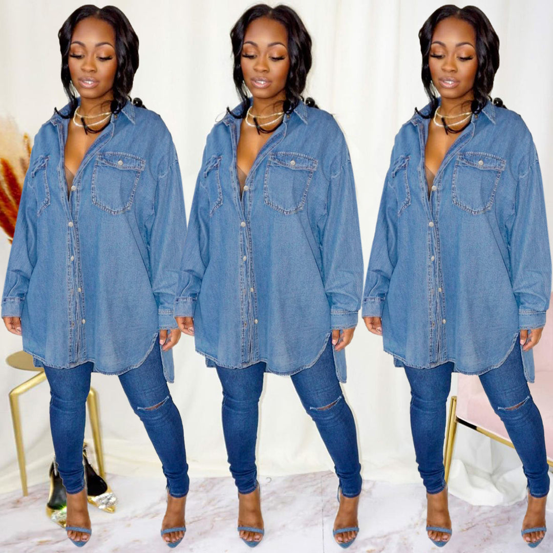 Women's Oversized Denim Shirt Jacket with Flap Pockets and Extended Cut Mune Fashion