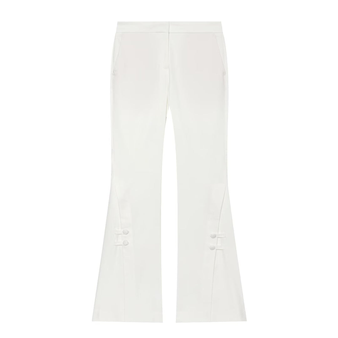 Women's High-Waisted Flared Pants with Decorative Button Closure and Side Pockets Mune Fashion