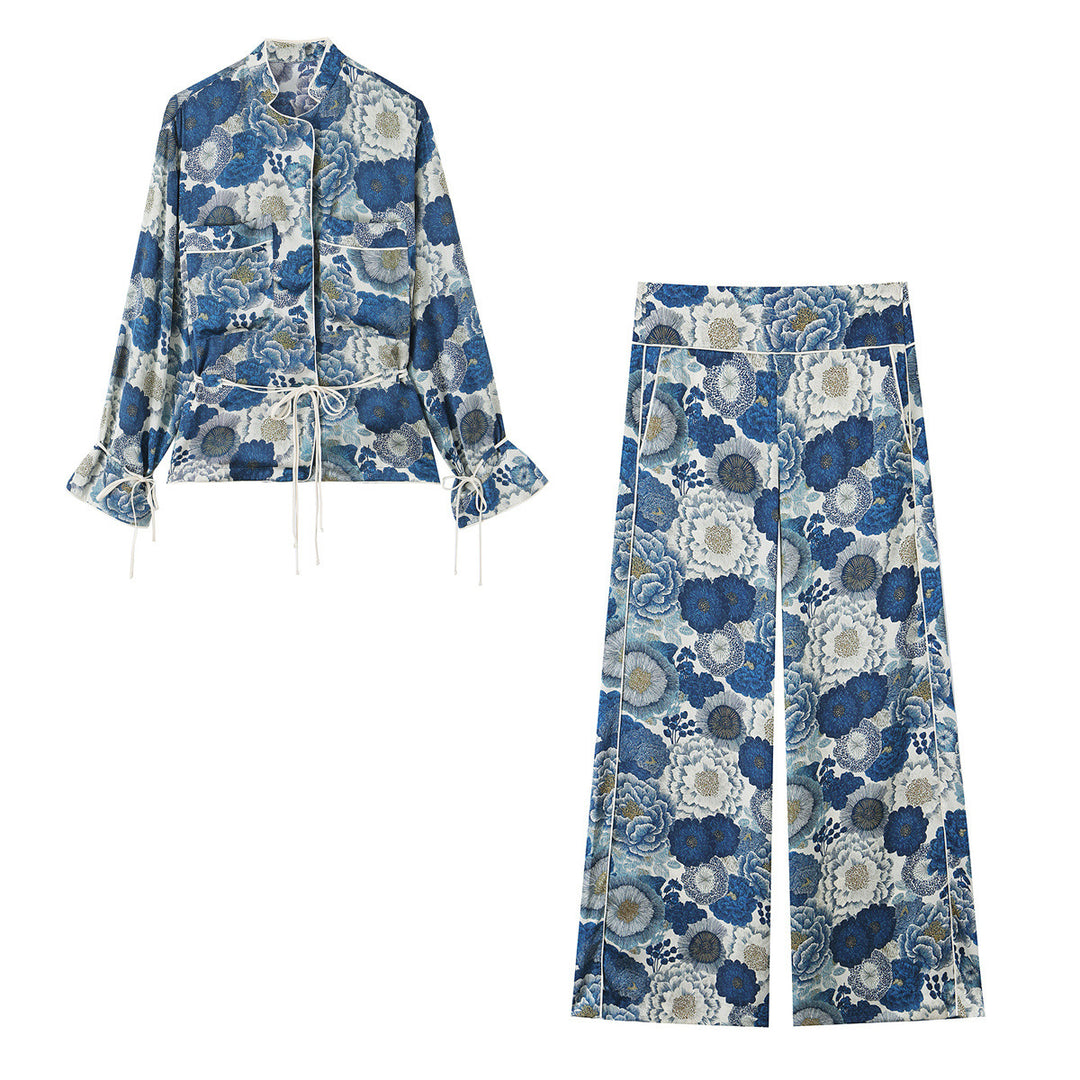 Women High-waisted wide Palazzo trousers with floral jacquard print and decorative piping Mune Fashion