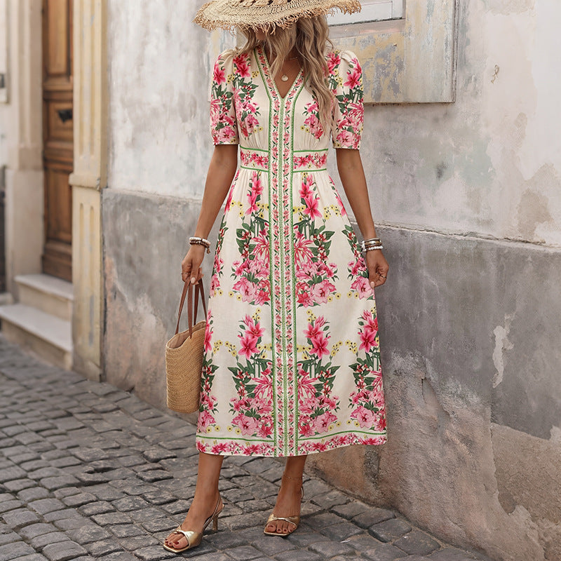 Ladies Elegant Flower Dress with Short Sleeves Mune Fashion