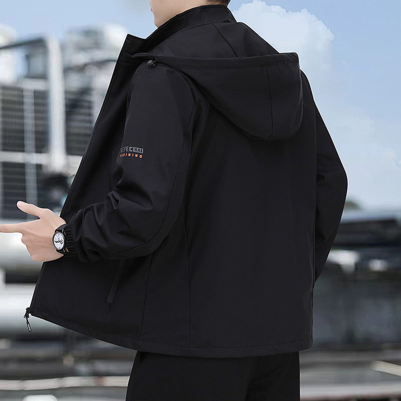 Men's lightweight softshell hoodie jacket with windproof membrane, zip pockets, and elastic cuffs Mune Fashion