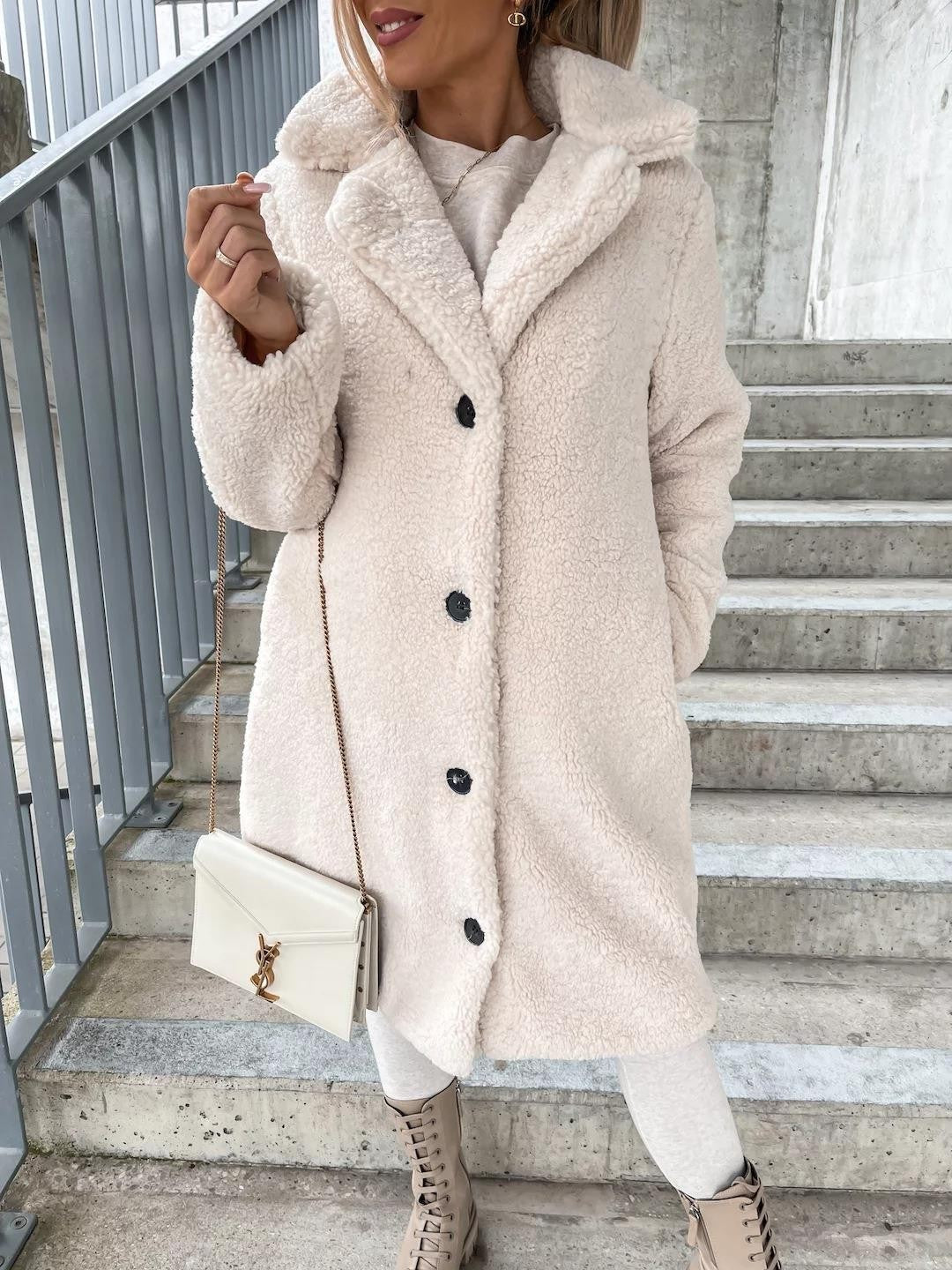 Women's longer cozy teddy coat with button closure and hood Mune Fashion