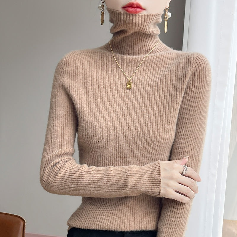 Women Slim Ribbed Knit Turtleneck Sweater with Ruffled Neck and Cashmere-like Feel Mune Fashion