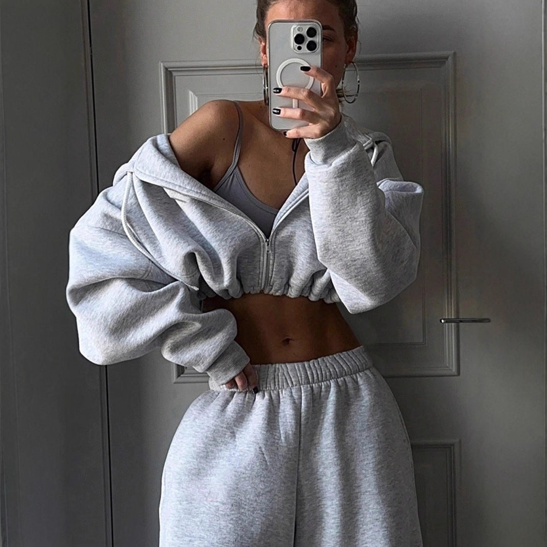 Ladies nan short zip hoodie cropped sweatshirt with drawstring, attached balloon sleeves and elastic hem Mune Fashion