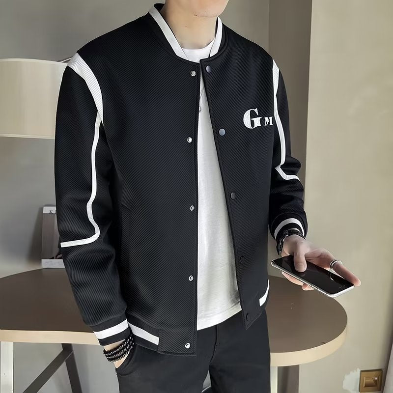 Men's Lightweight Varsity Bomber Jacket with Textured Fabric, Ribbed Cuffs and Snap Front Mune Fashion
