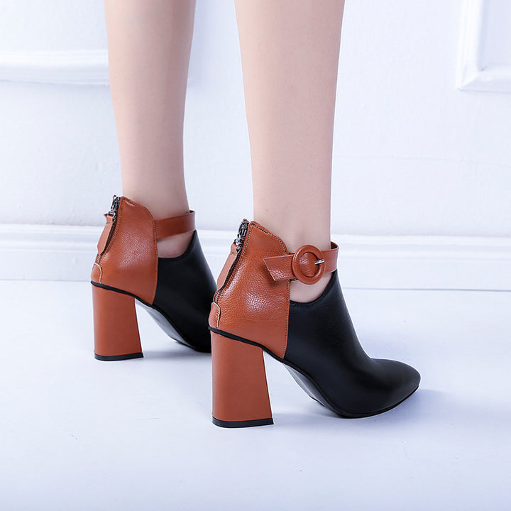 Women's elegant lace short ankle boots with heel zipper, decorative ankle strap and sculptural block heel Mune Fashion