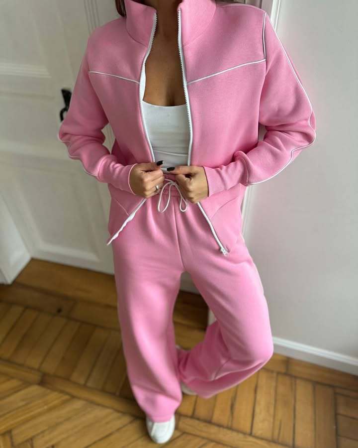 Women's Two-Piece Tracksuit Set with Stand-Up Collar, Contrast Piping and Wide Leg Mune Fashion