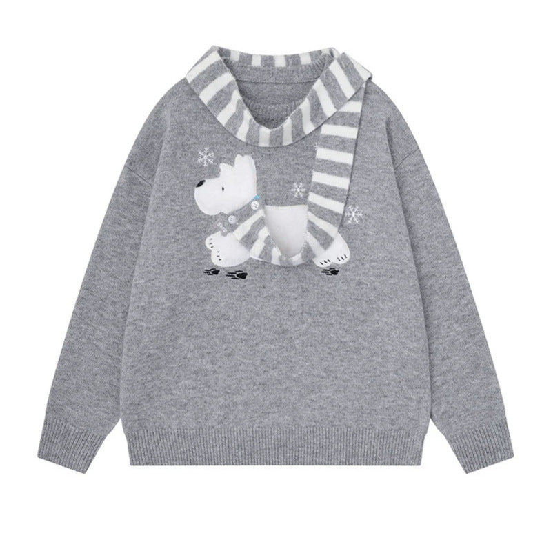 Women's Cozy Knit Sweater with Polar Bear Applique and Integrated Striped Scarf Mune Fashion