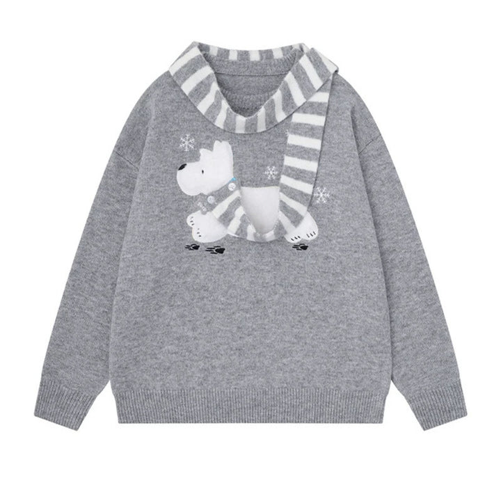 Women's Cozy Knit Sweater with Polar Bear Applique and Integrated Striped Scarf Mune Fashion